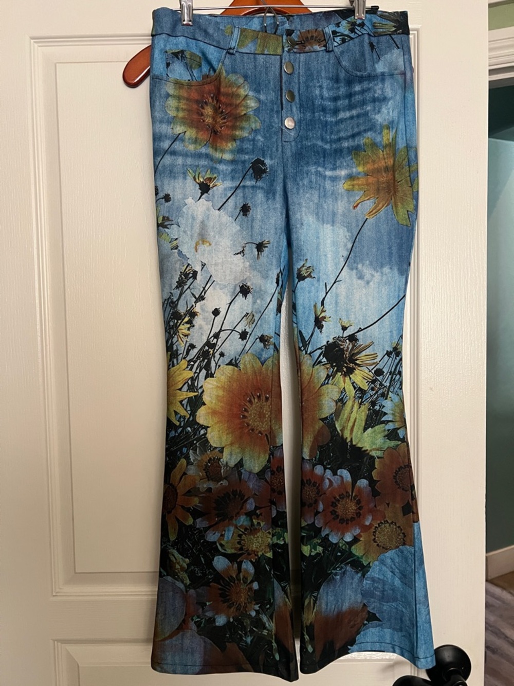 Source Unknown Blue Wide-Leg Jeans with Yellow & Orange Floral Print